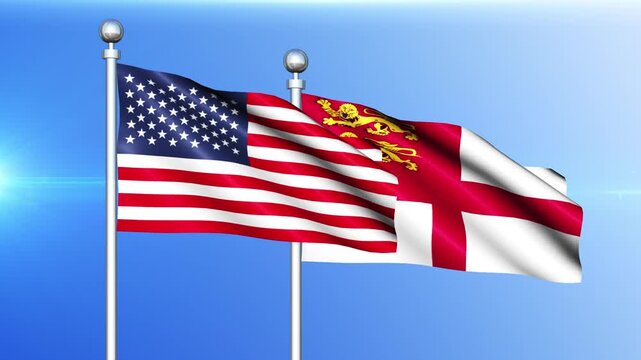 USA and Sark Flag Waving on Pole Loop