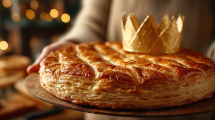 Woman Holding Golden Galette des Rois with Shining Crown for Elegant French Epiphany Celebration