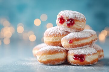 traditional Hanukkah sufganiyot covered in powdered sugar and filled with fruit jelly beside menorah and festive ornaments on blue background