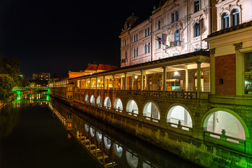 Historic buildings of the city of ljubljana lit up at night with bridges crossing the river....