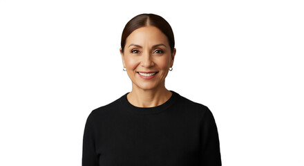 Smiling 55-60-year-old Hispanic woman, a professional retail associate, wearing a chic black sweater, ideal for business, healthcare, HR, or customer service campaigns,