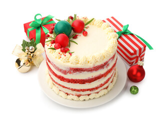 Delicious sponge cake with Christmas decor and red currants isolated on white
