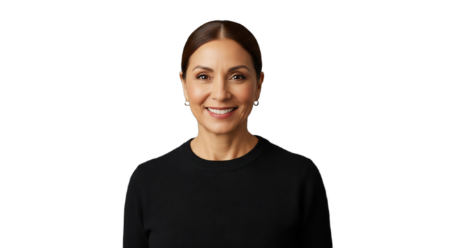 Smiling 55-60-year-old Hispanic woman, a professional retail associate, wearing a chic black sweater, ideal for business, healthcare, HR, or customer service campaigns,