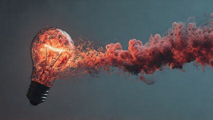 Burning Light Bulb Emitting Smoke and Fire Against a Dark Background.