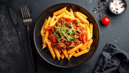Top-down shot of penne pasta in a black bowl with tomato and meat sauce. A side of salt & pepper with a tomato and cutlery. Dark background