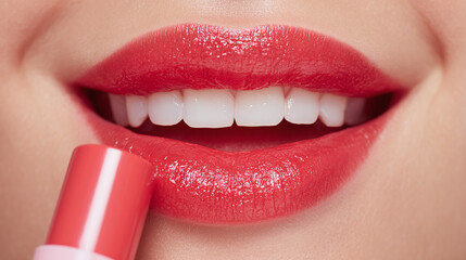 Naklejka premium A close-up view of lips applying lipstick, highlighting the red color and perfect teeth
