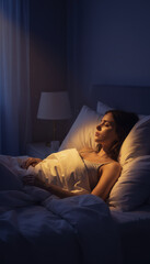 Cry woman peacefully sleeping in cozy bed, illuminated by soft light, creates serene atmosphere