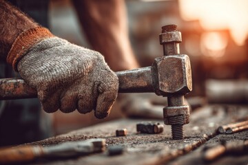 worker’s gloved hands tightening steel pipe fittings using heavy tools