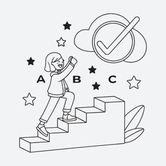 Cartoon illustration of a person climbing steps labeled A, B, C, surrounded by stars and a checkmark, symbolizing progress and success