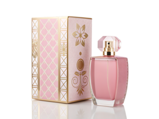 Elegant pink perfume bottle and box isolated on transparent background