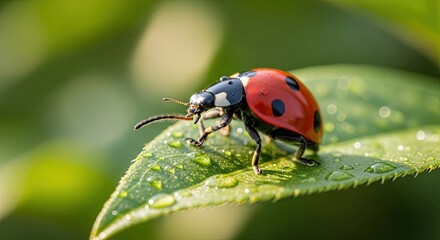 Ladybug on a Green Leaf with Water Droplets in Sunlight.