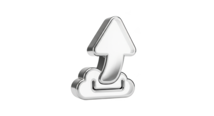 Silver 3D Cloud Upload Icon with Arrow on Black Background Keywords: cloud, upload, download, data, storage, transfer, icon, symbol