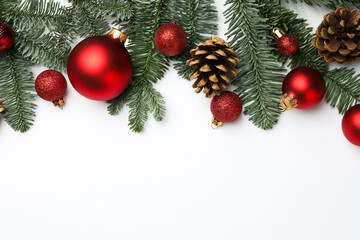 Fir tree branches and Christmas decor on white background, flat lay. Space for text