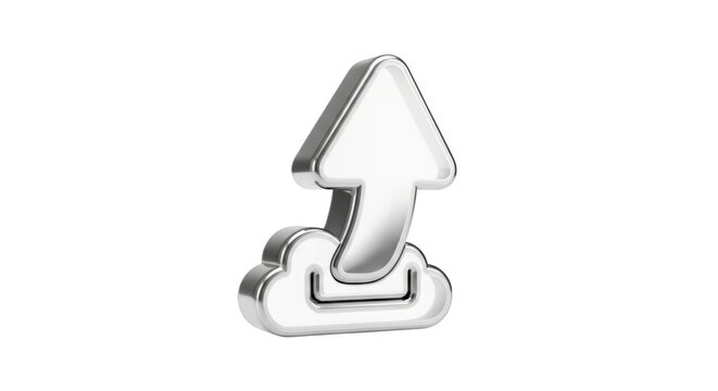 Silver 3D Cloud Upload Icon with Arrow on Black Background Keywords: cloud, upload, download, data, storage, transfer, icon, symbol - Powered by Adobe