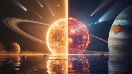 Fiery Sun and Ringed Planet Reflected in Cosmic Water solar system planets