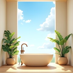 AI Generative. Luxury Bathroom with Freestanding Tub and Panoramic Ocean View. 2
