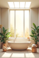 AI Generative. Luxury Bathroom with Freestanding Tub and Panoramic Ocean View. 3