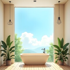 AI Generative. Luxury Bathroom with Freestanding Tub and Panoramic Ocean View. 4