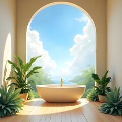 AI Generative. Luxury Bathroom with Freestanding Tub and Panoramic Ocean View. 5