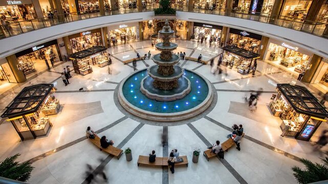 People walking around central mall fountain. Busy shopping interior shows shopper moving past store fronts. Retail activity and crowd flow visible from above. Bench seating adds relaxed atmosphere.