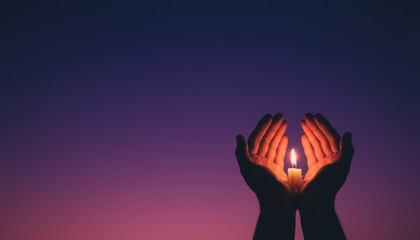 Cupping small candle in hands, creating serene and warm atmosphere