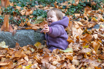 Baby spielt vergn&uuml;gt im Herbstlaub