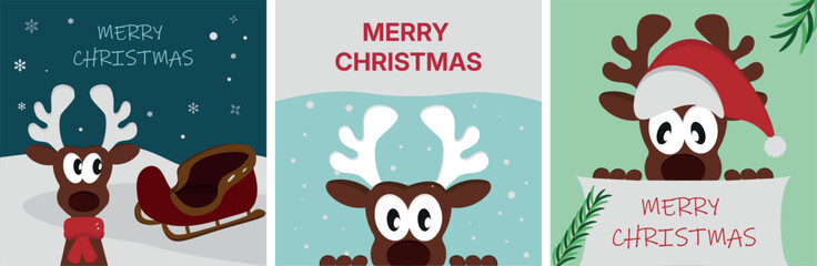 Fototapeta premium Cute Reindeer Merry Christmas Cards