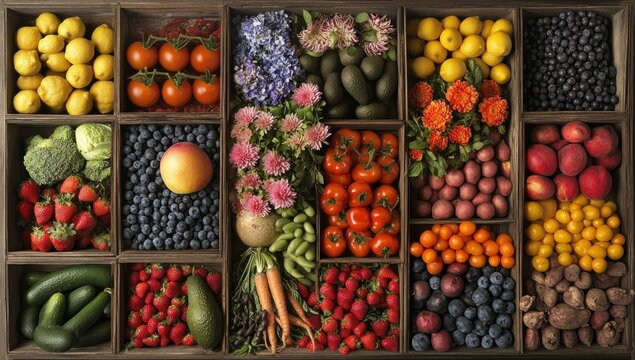 Colorful Fresh Fruits, Vegetables, and Flowers Display in Wooden Crates, Overhead View