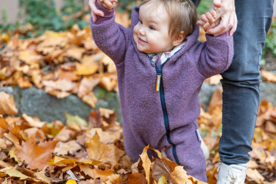 Baby spielt vergn&uuml;gt im Herbstlaub