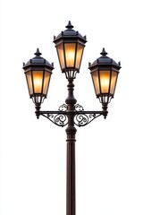 Vintage street lamp with three warm glowing lights on a tall metal post against a clean white background