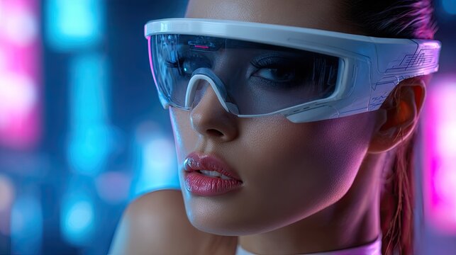 Woman wearing futuristic goggles in neon lit environment