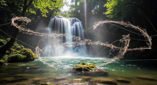 Stunning waterfall scene enhanced with glowing network connections for technology and nature concepts, showing connection and innovation in the environment