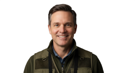 Smiling 42-47-year-old Caucasian man, an engaged bird watcher tracking winter migratory species in a field vest. Ideal for nature editorials, outdoor lifestyle promotions, wellness content,