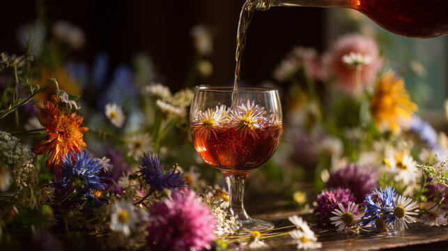 The Rustic Sip: Wine Among Wildflowers and Springtime Celebration Under the Floral Canopy.