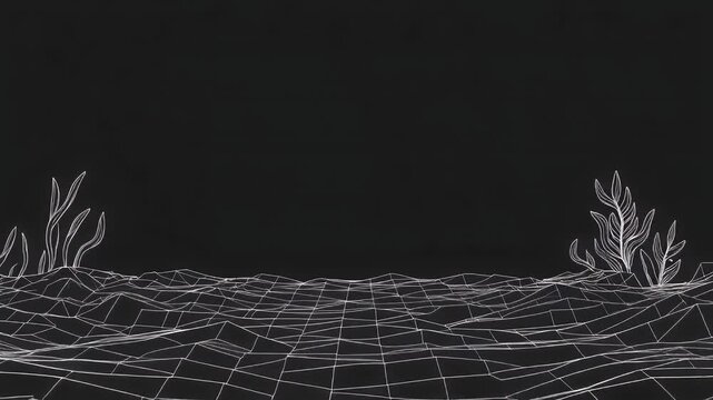 A minimalist white wireframe depiction of an undulating underwater landscape with stylized plant forms against a stark black background.