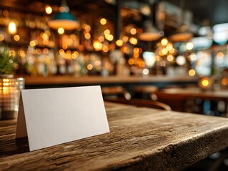Blank white table tent card mockup sits on a wooden table inside a busy, upscale restaurant. The warm, blurred bokeh lights of the bar provide a cozy ambiance for the setting.