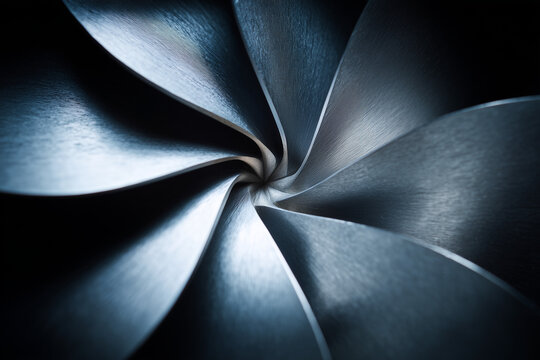 Metallic turbine blade spiral macro with radial light, industrial engineering abstract pattern and motion vortex concept