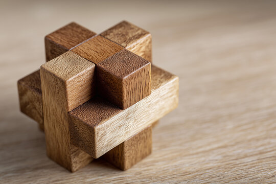 Wooden interlocking burr puzzle on light desk, craftsmanship and logic game close-up, problem solving and mindfulness concept
