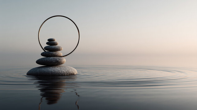 Zen stone stack with metal ring in calm water at sunrise, ripples and pastel sky, balance meditation and mindfulness minimal scene