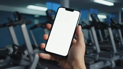 Hand holding smartphone in gym with empty screen display