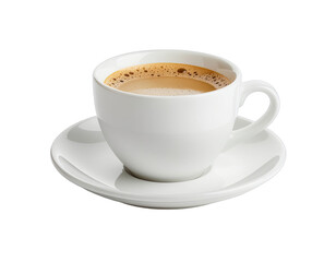 Fototapeta premium White Ceramic Coffee Cup Filled With Hot Coffee And Cream Served On A White Saucer With A Transparent Background