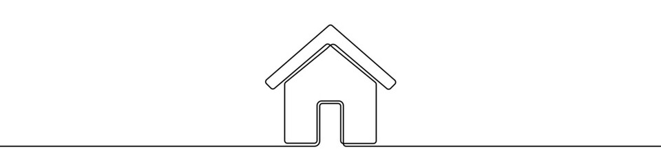 Simple house with a roof and door in one line art style. Drawing of a dwelling symbol with editable black stroke on a white background. Vector illustration.