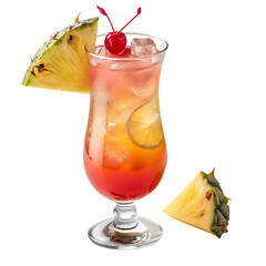 Tropical hurricane cocktail with pineapple and cherry isolated on transparent background