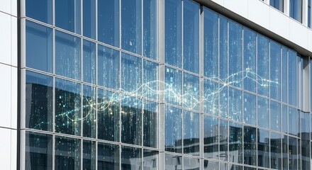 Modern architecture with data visualization on reflective glass panels, showcasing cutting-edge technology and innovation in a vibrant urban landscape