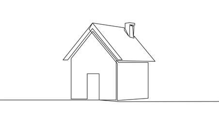 Simple house with a roof and door in one line art style. Drawing of a dwelling symbol with editable black stroke on a white background. Vector illustration.