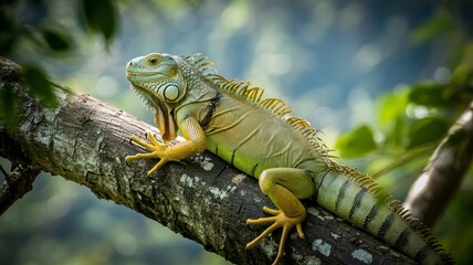 Fototapeta premium Green Iguana with Yellow Legs on a Tree Branch in a Verdant Natural Setting lizard reptile