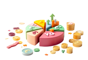 Colorful Pie Chart with Coins and Upward Arrows Depicting Financial Growth and Investment