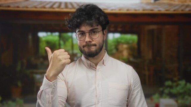 Young man with beard pointing finger outdoors on a sunny day wearing glasses and white shirt surrounded by greenery and indicating expulsion gesture.