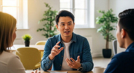 Asian man presenting business strategy to colleagues in bright modern office