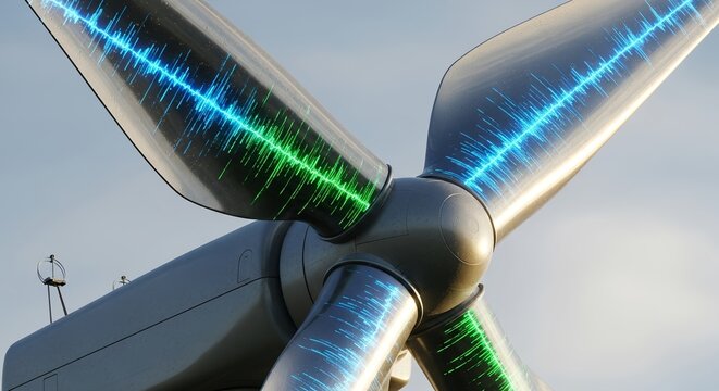 Futuristic wind turbine concept with glowing sound waves, energy innovation and eco power visualization for environmentally conscious solutions